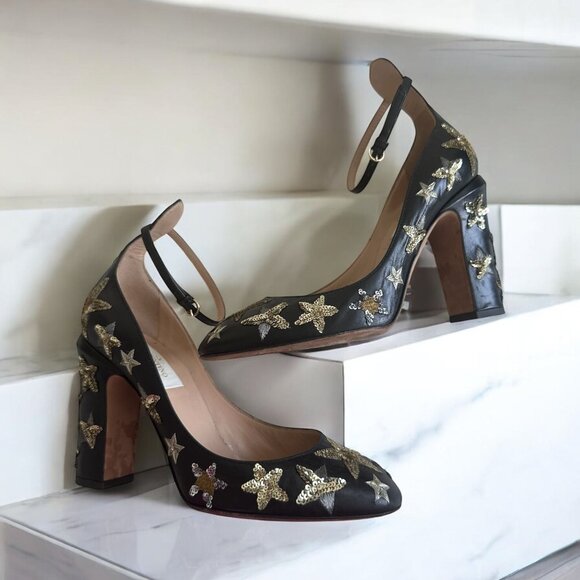 VALENTINO Tango Star 100 Sequined Ankle Strap Heels Size 37 / US 7 - Picture 1 of 10